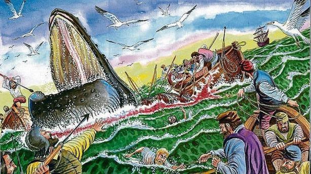 Arrantzale euskaldunak baleen ehizaren marrazkia (