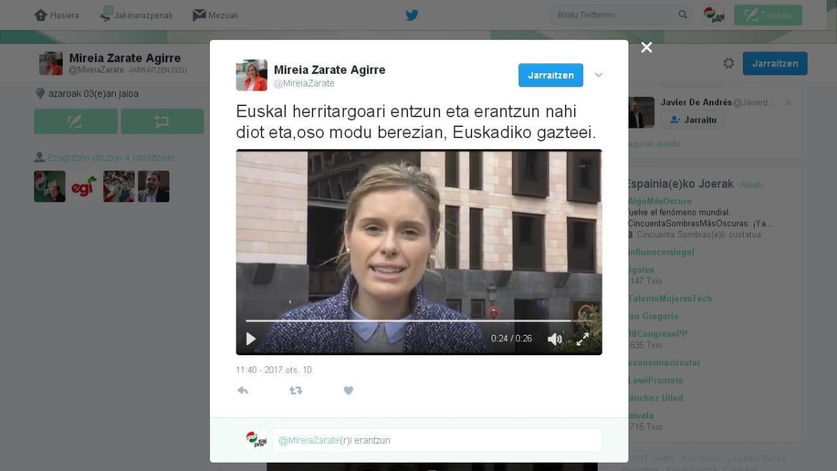 Mireia Zarate, EBBko idazkaria, EAJ-PNVren 20.000. jarraitzailea Twitterren
